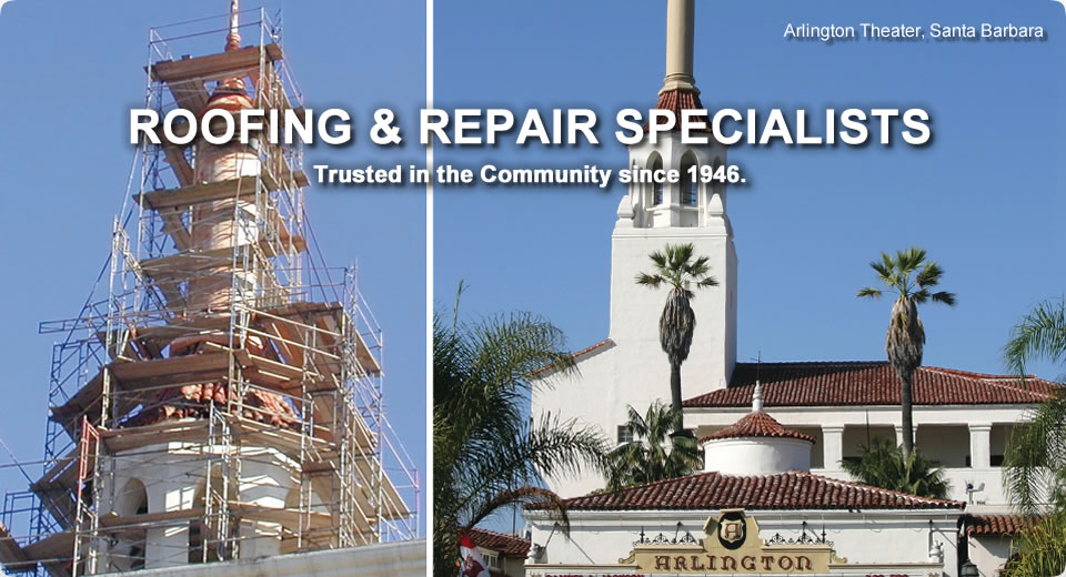 The Arlington Theater in Santa Barbara under roofing construction by Derrick's Roofing, Inc.